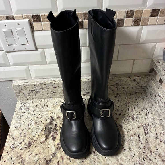 Black Tall Buckle Leather Boots